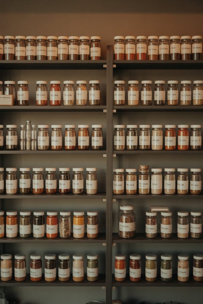 Array of glass spice jars arranged alphabetically on a shelf, indoor photo, no text or logos