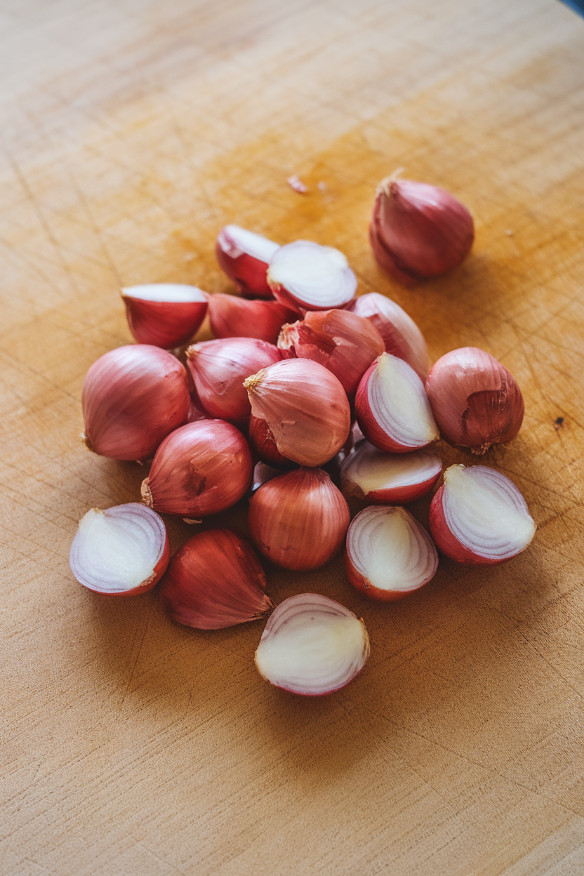 A small pile of peeled shallot halves on an indoor cutting board, fine knife marks visible, no text or logos, photo.