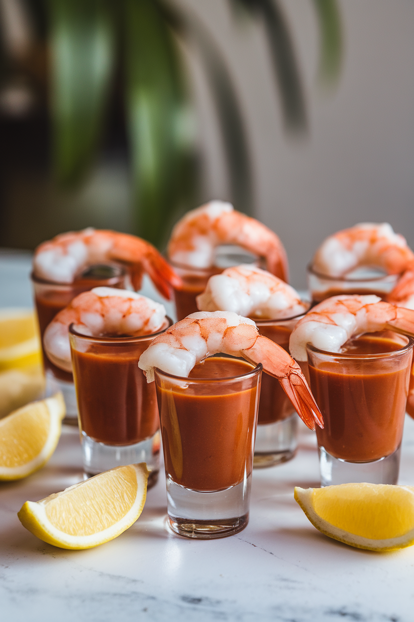 Indoor photo of shot glasses filled with classic cocktail sauce, each holding a cooked pink shrimp over the rim, lemon wedges nearby. No text or logos.