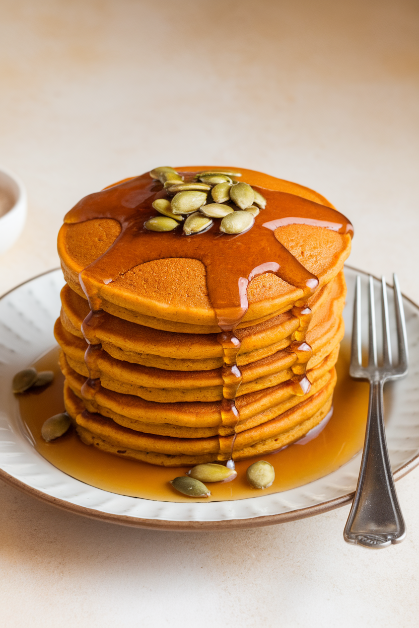 Indoor photo of a stack of golden pumpkin pancakes drizzled with pure maple syrup and topped with a few pumpkin seeds. No text or logos.