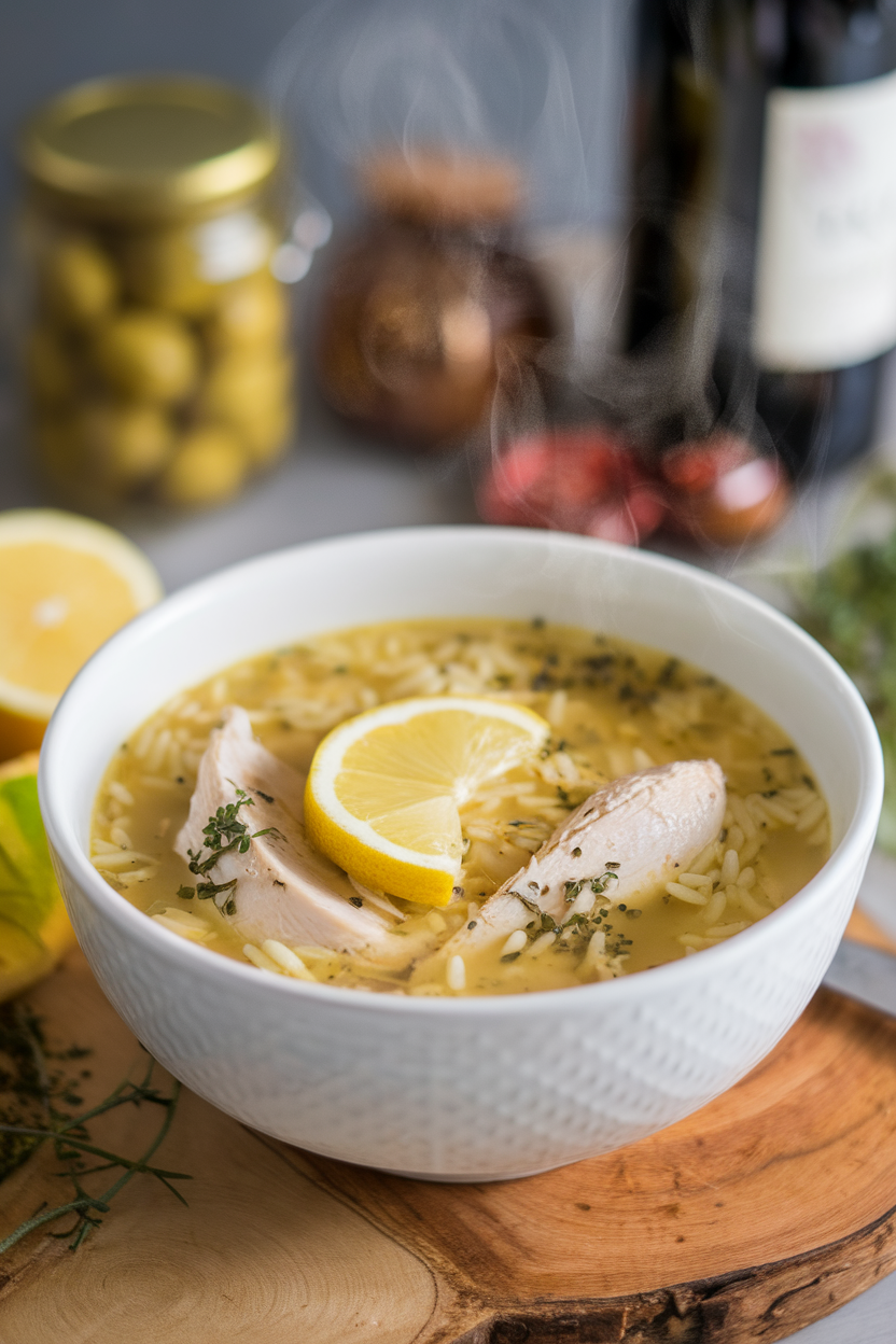Indoor photo of a pale yellow chicken soup with orzo and lemon slices in a white bowl; steam visible, no text or logos