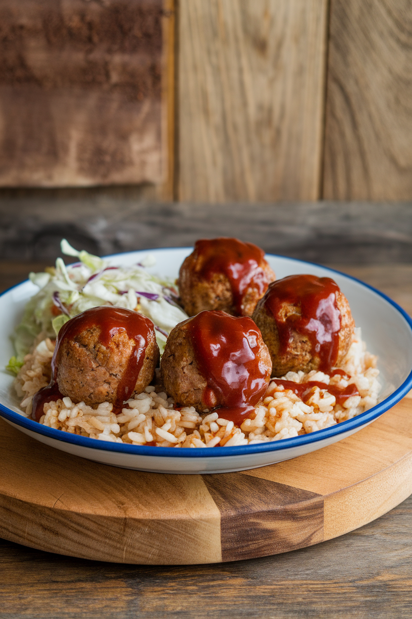 An indoor lunch plate featuring four small turkey meatballs glazed with barbecue sauce next to vinegar slaw. No text or logos.
