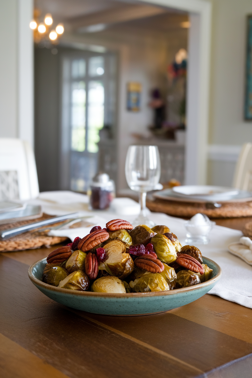 An indoor dining table showing a shallow bowl of roasted Brussels sprouts glazed in maple syrup, dotted with toasted pecan halves and a few dried cranberries for color. This should be a photo, not an illustration. No text or logos anywhere in the scene.