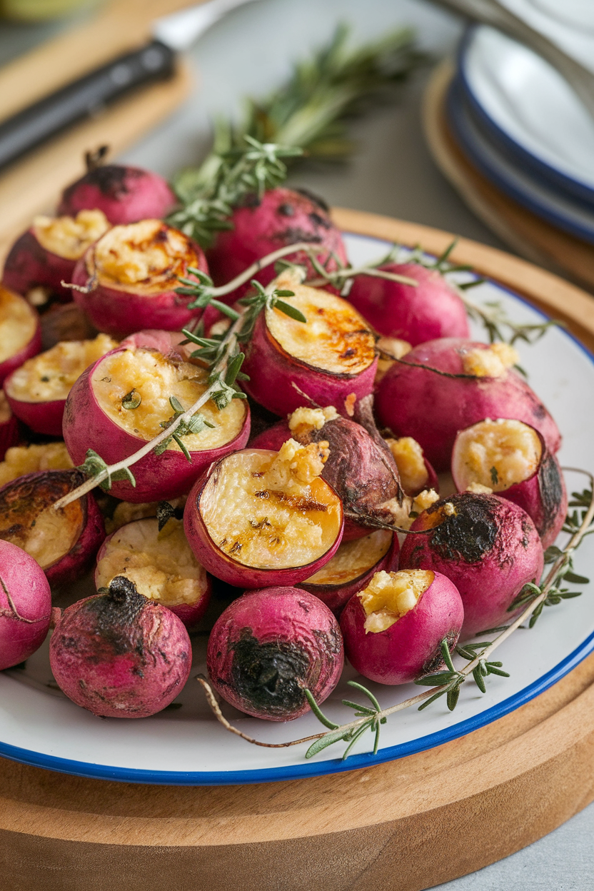 Indoor plate filled with roasted radish halves coated in garlic-herb butter, no text or logos