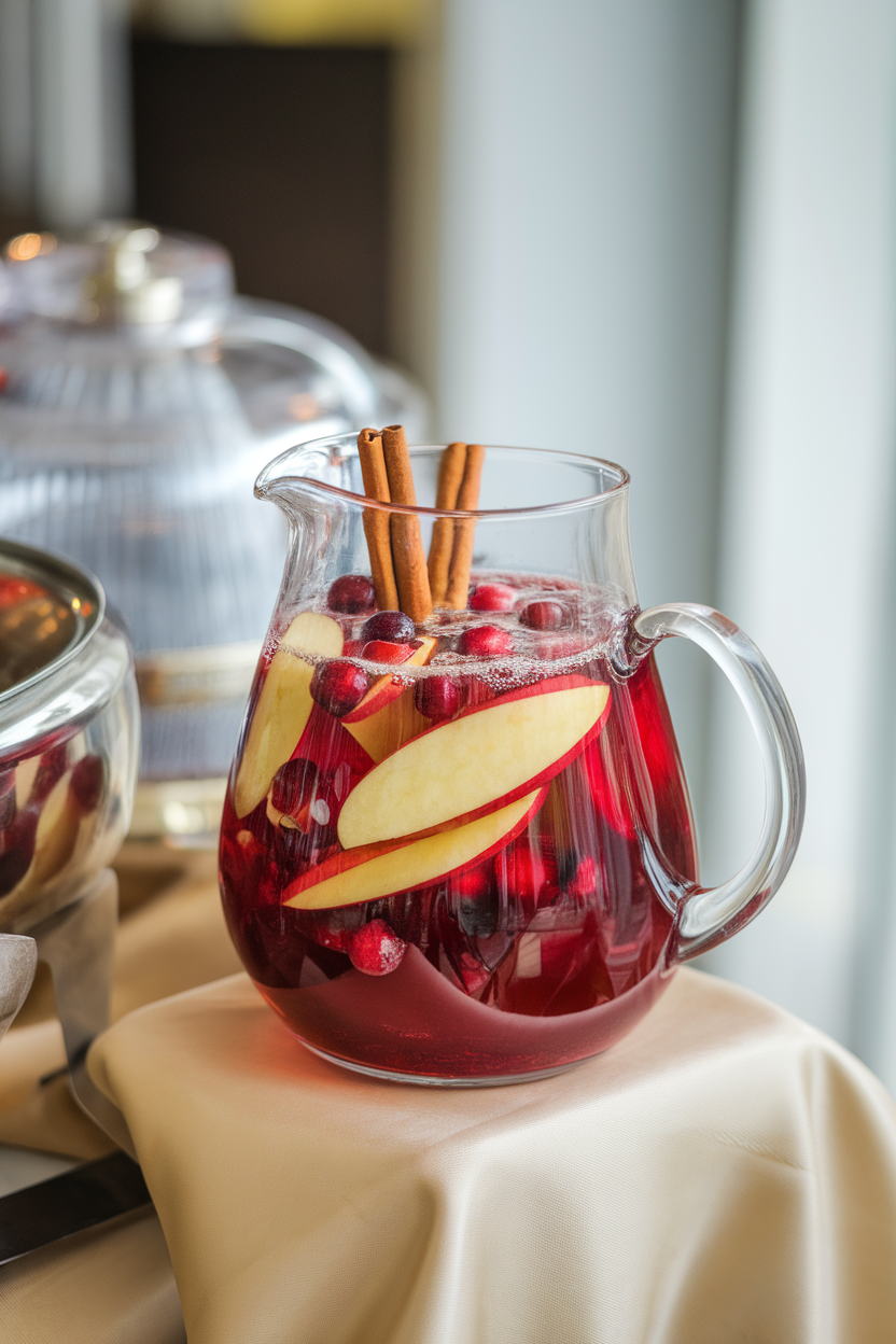 Indoor buffet table featuring a clear pitcher of ruby sangria with apple slices, cinnamon sticks, and cranberries floating; bubbles rising. No text or logos; photograph, not illustration.