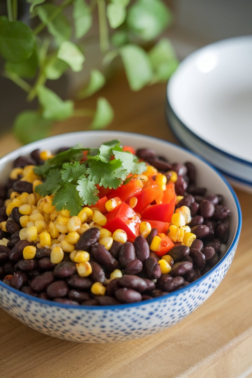 An indoor salad bowl brimming with black beans, grilled corn kernels, diced red bell pepper, and cilantro. No visible text or logos.