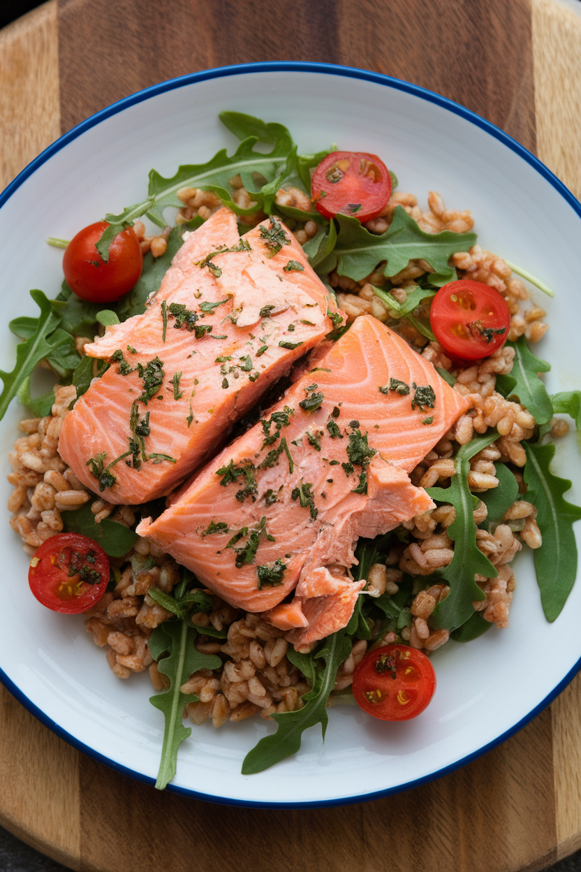Photo of an indoor plate with flaked cooked salmon over farro, arugula leaves, and cherry tomatoes, lightly dressed, no logos in sight.