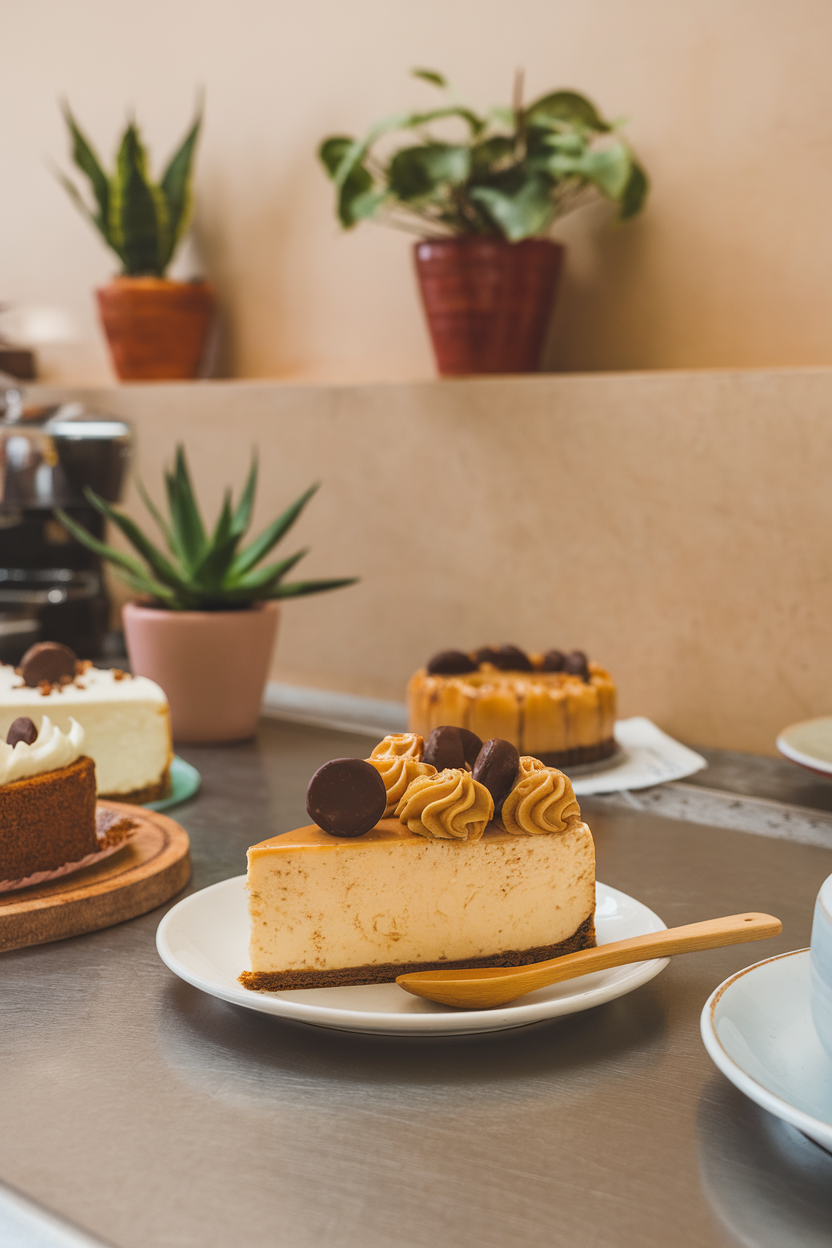 An indoor coffee-bar counter featuring a creamy cheesecake slice with caramel swirl and chocolate-covered espresso beans. No text or logos. Photo, not illustration.