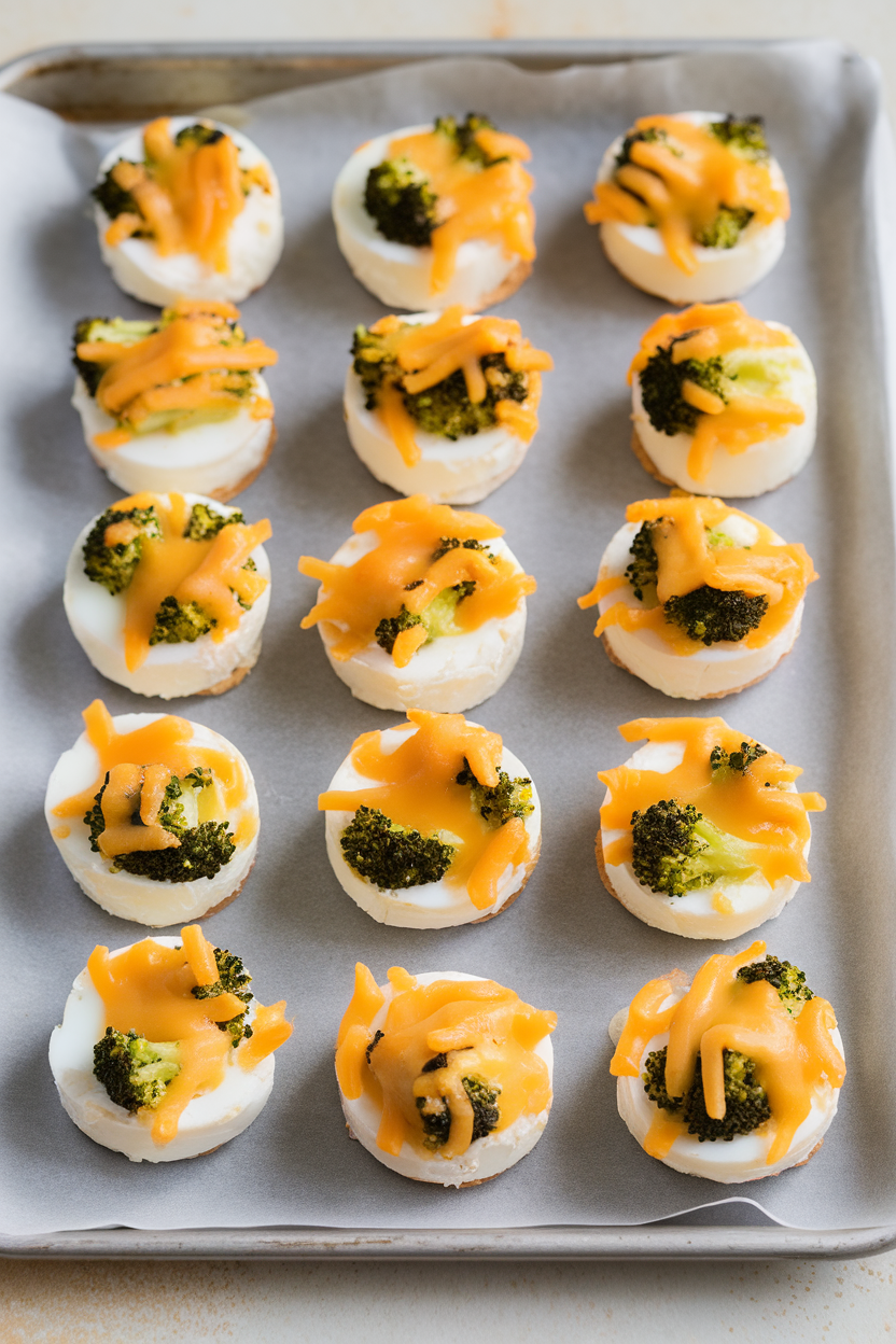 Indoor photo of bite-sized egg rounds studded with small broccoli florets and melted cheddar on a parchment-lined tray. No text or logos.