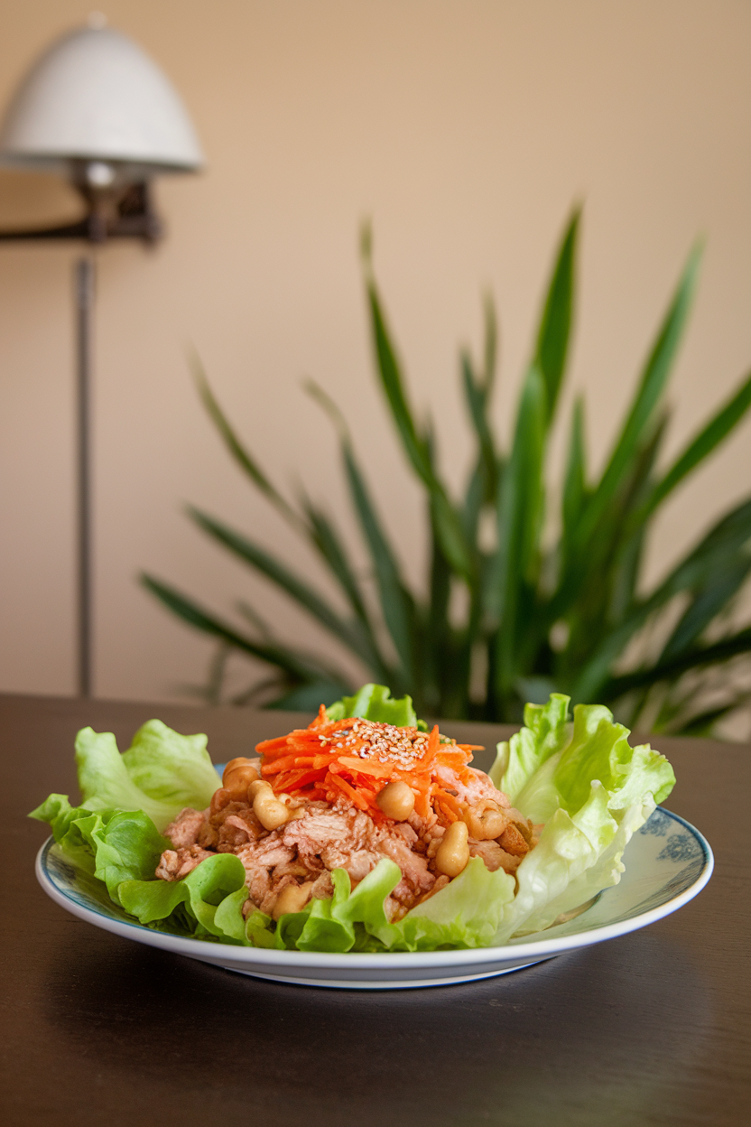 A plate on an indoor dining table with butter lettuce leaves filled with minced chicken, water chestnuts, and shredded carrots, sprinkle of sesame seeds on top. No text or logos. Photo.