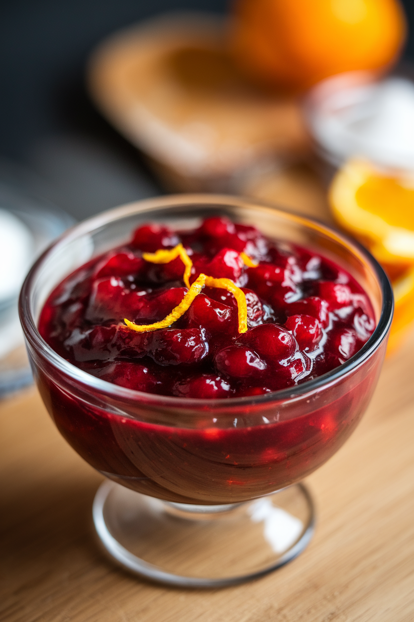 Indoor photo of a glass bowl of glossy cranberry sauce with visible orange zest, no text or logos