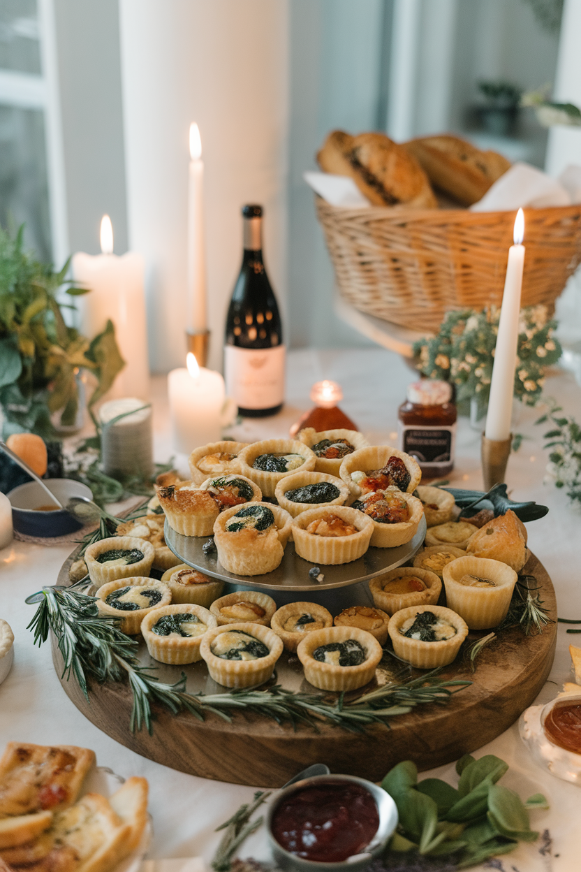 Indoor party setting showing a platter of assorted mini quiches, spinach tartlets, and roasted pepper puff pastry bites; no logos or text.