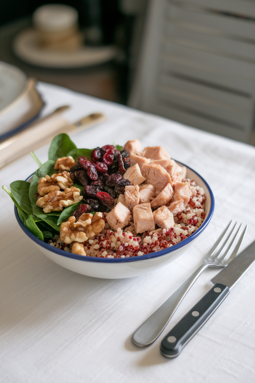 Indoor table showing a bowl of red quinoa, diced chicken, dried cranberries, spinach, and chopped walnuts — no text or logos