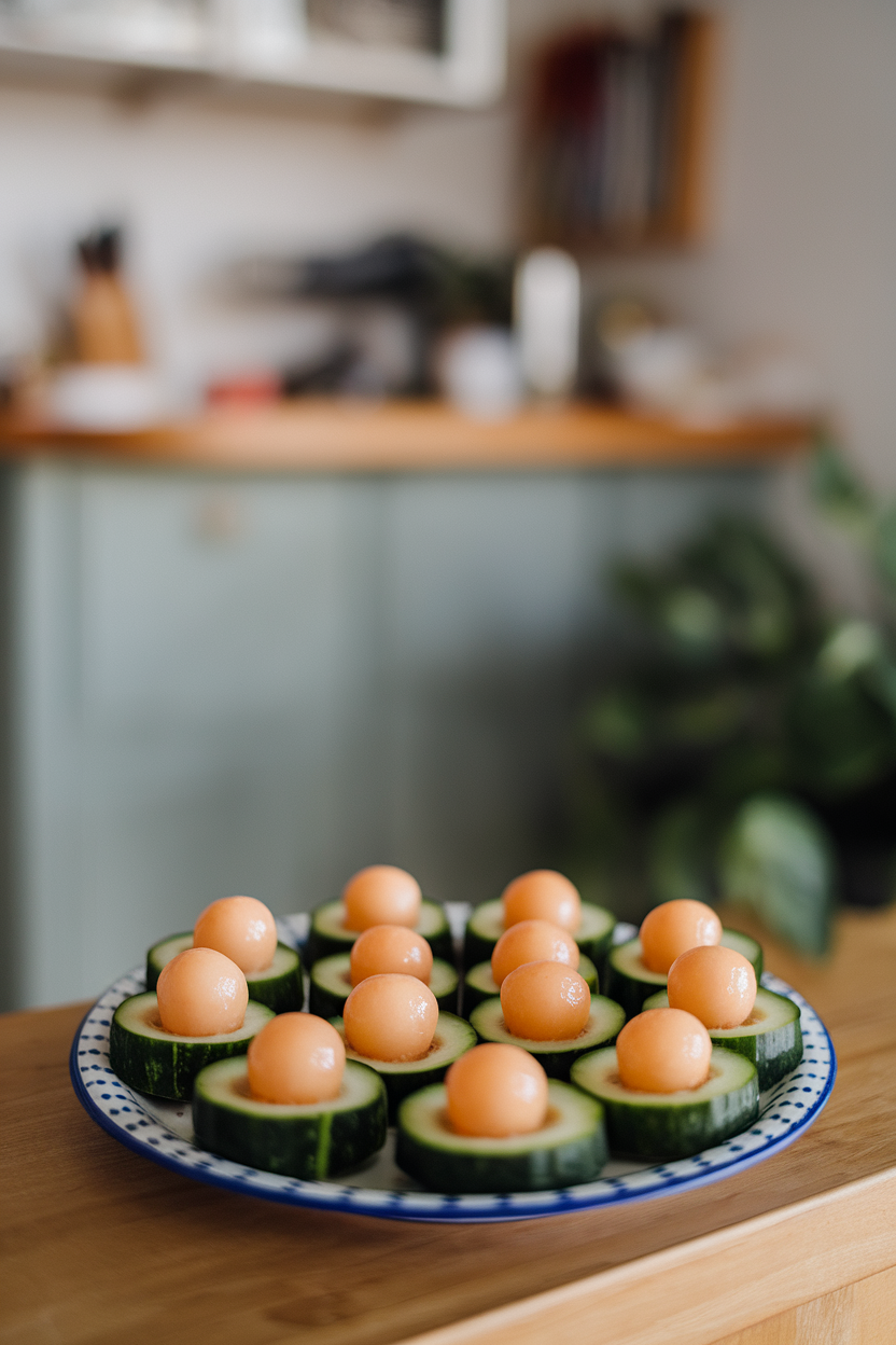 Indoor photo of small hollowed cucumber halves filled with melon balls, arranged on a child’s plate. No text or logos.