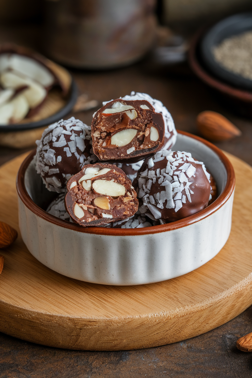Photo of an indoor ceramic dish showcasing chocolate-coated coconut almond energy balls, one ball cut in half to reveal almond center. No text or logos.