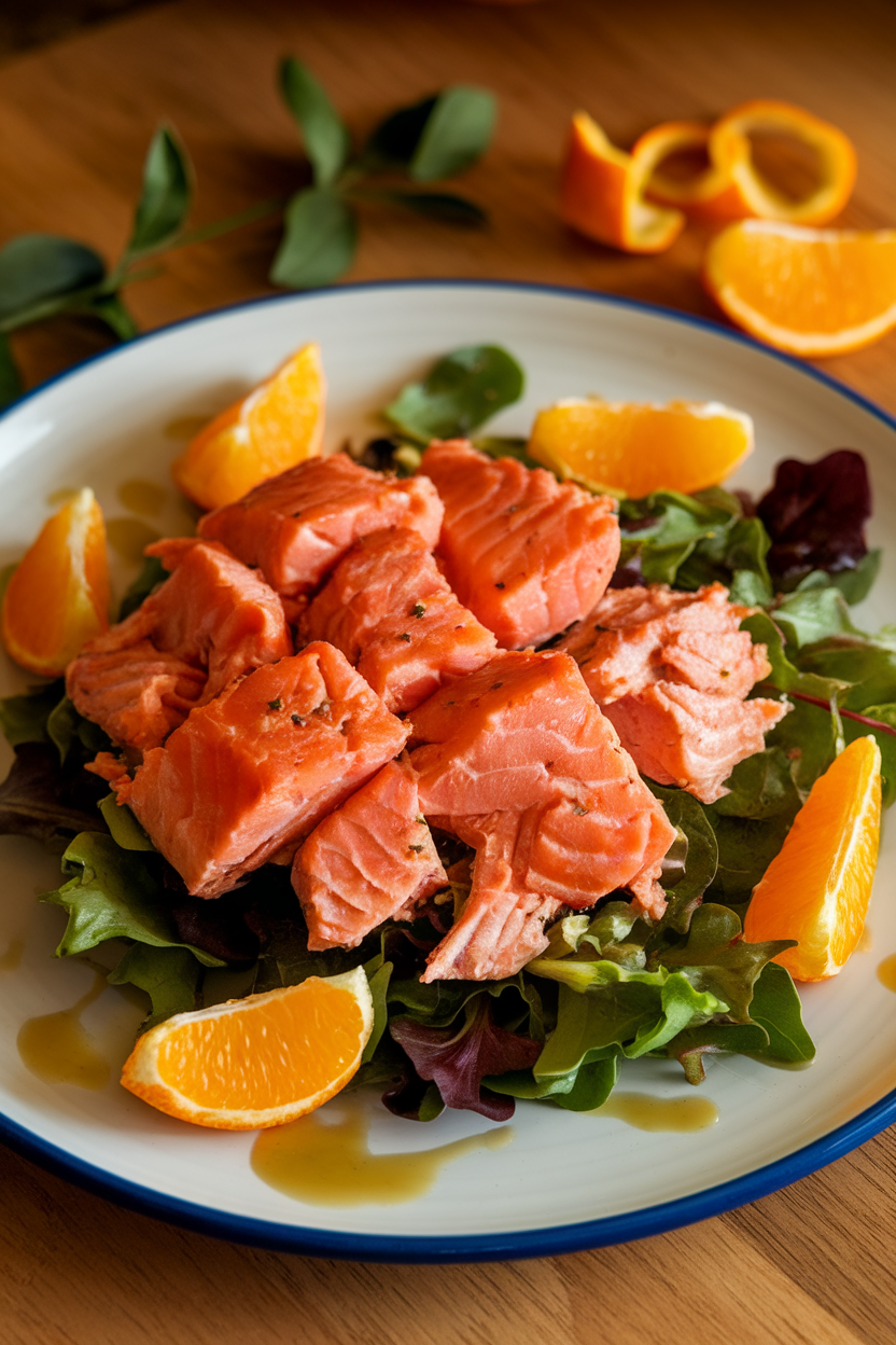 An indoor plate of flaked roasted salmon over mixed greens with orange segments and a ginger vinaigrette drizzle. Photo, no text or logos.