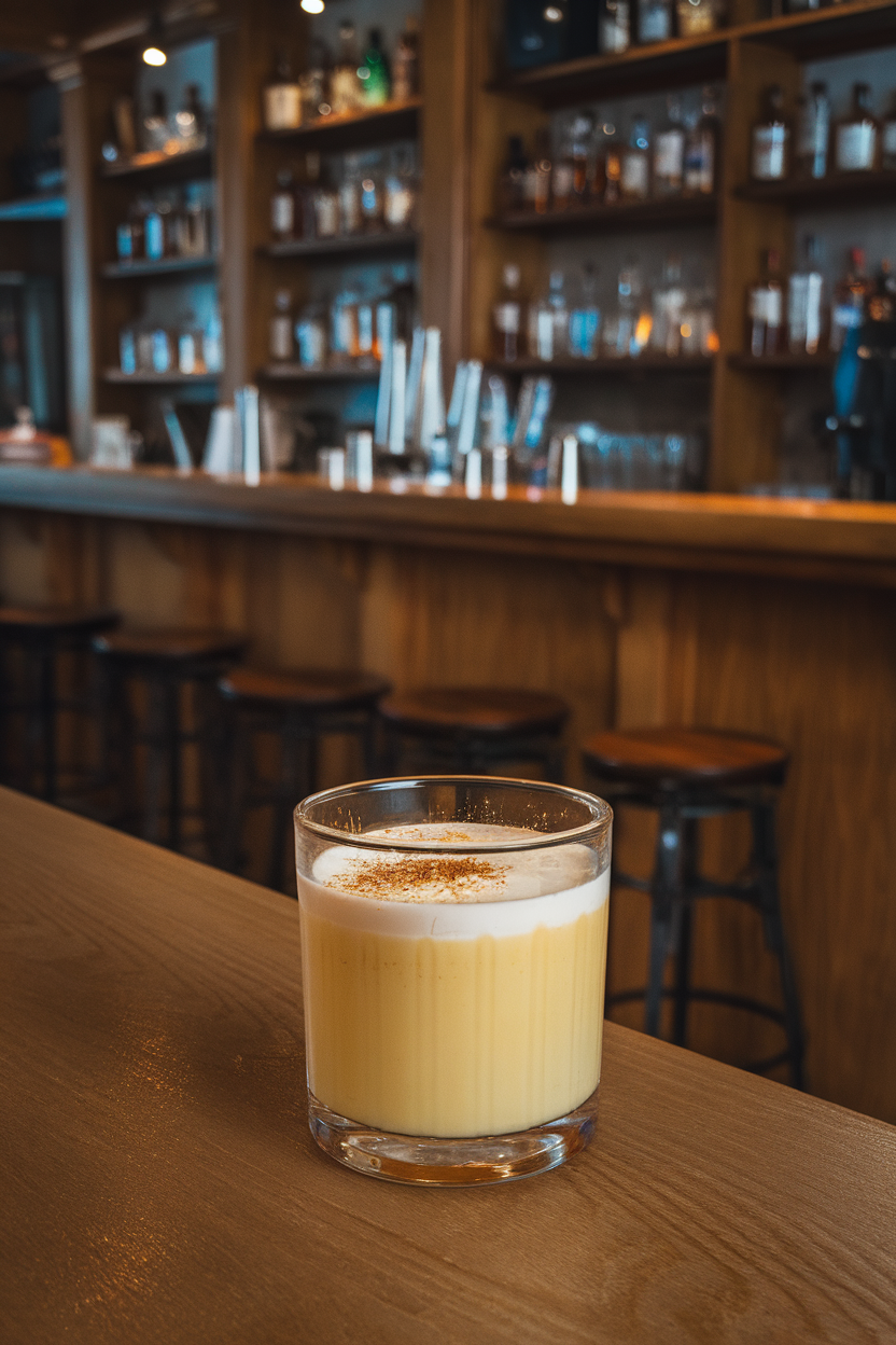 Indoor whiskey-cellar bar presenting a rocks glass of rich, pale-yellow eggnog over a single cube, nutmeg sprinkle on top. No text or logos; photograph, not illustration.