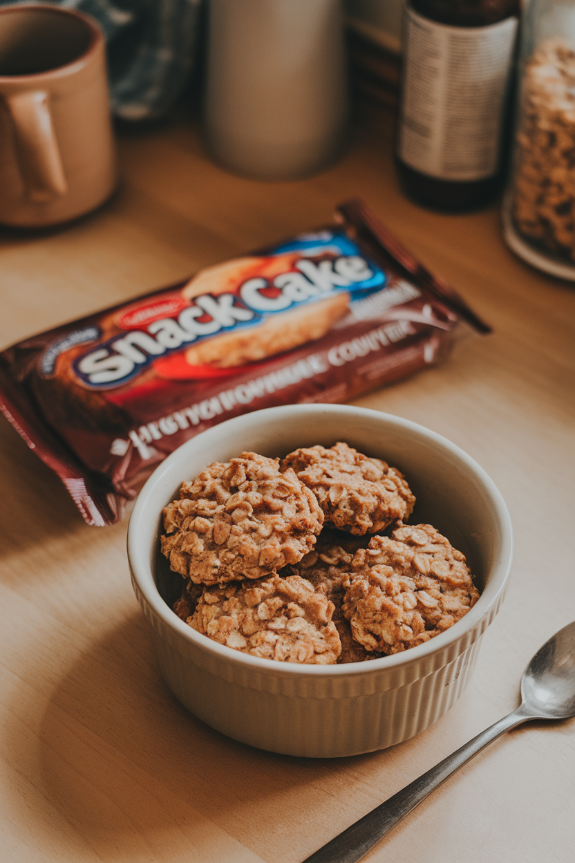 Contrast photo of a glossy packaged snack cake beside a bowl of homemade oatmeal cookies on a kitchen counter, indoors. No text or logos. Photo, not illustration.