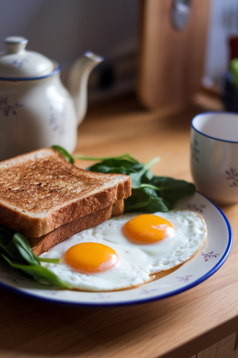 A breakfast plate indoors holding two sunny-side eggs, spinach, and a slice of whole-grain toast, no visible branding.