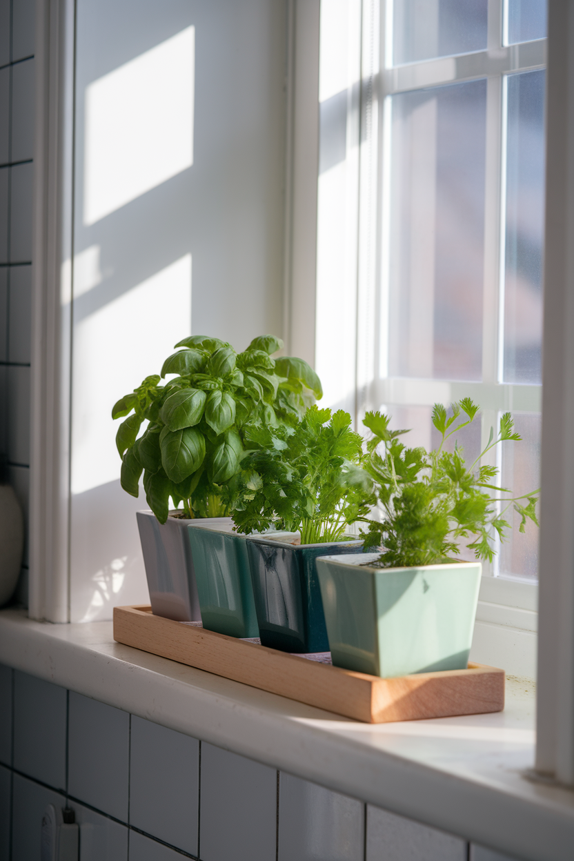 Small indoor pots of basil, parsley, and cilantro on a sunny kitchen windowsill, photo, no text or logos