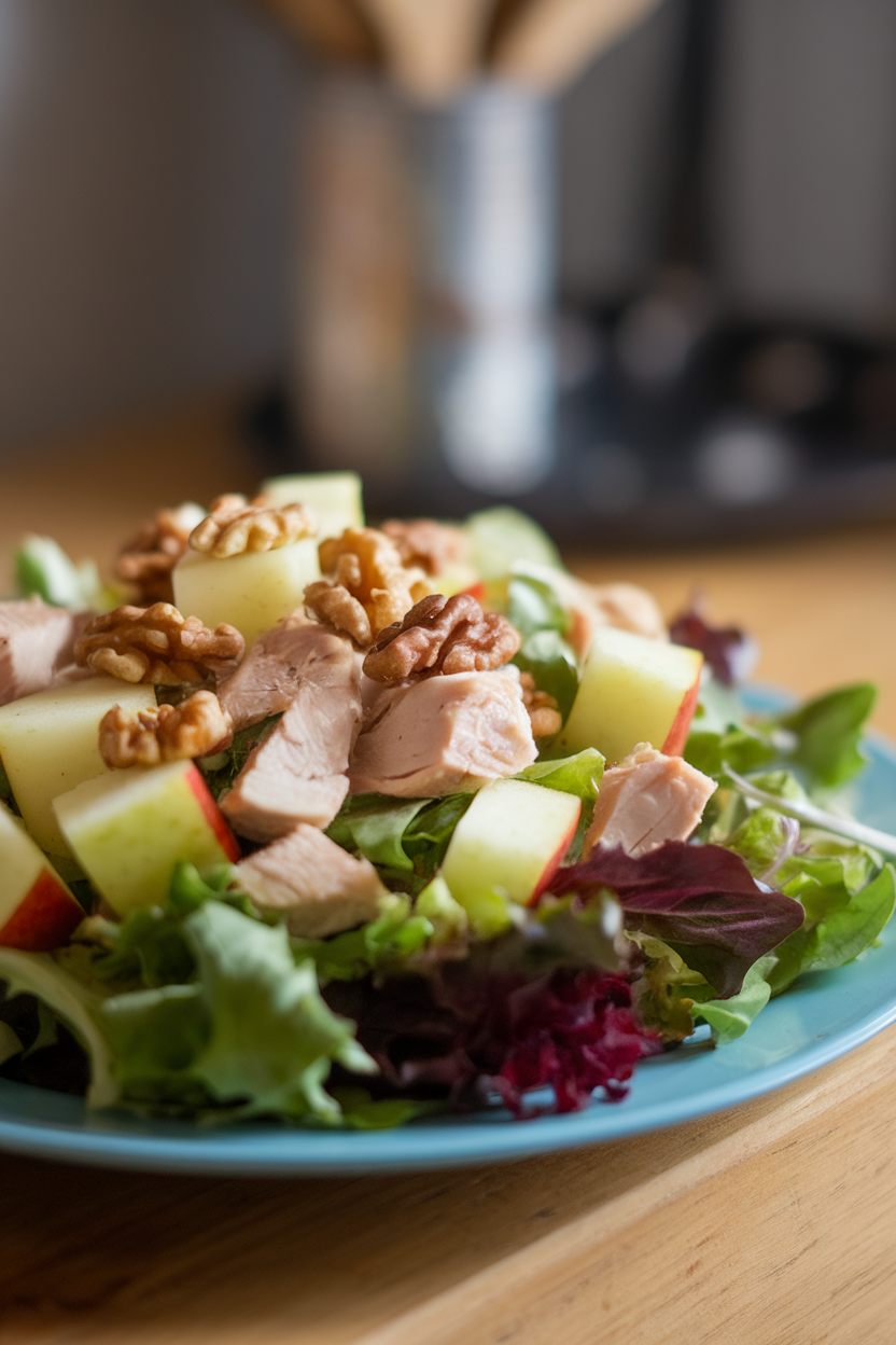 An indoor lunch plate of mixed greens topped with diced chicken, crisp apple cubes, toasted walnuts, and a light vinaigrette. No logos or text. Photo only.
