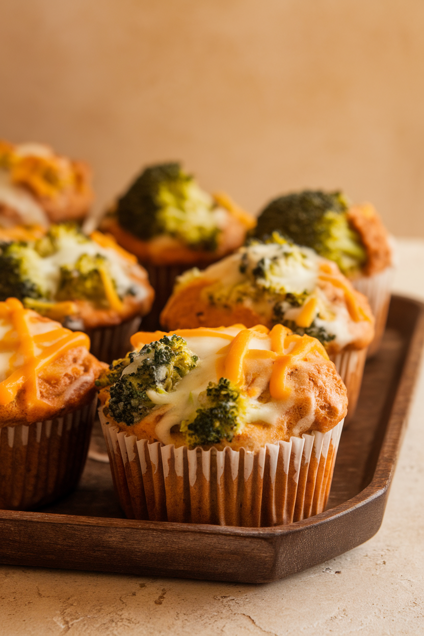 Indoor photo of hearty muffins with broccoli florets and melted cheddar inside, on a wooden tray, no text or logos