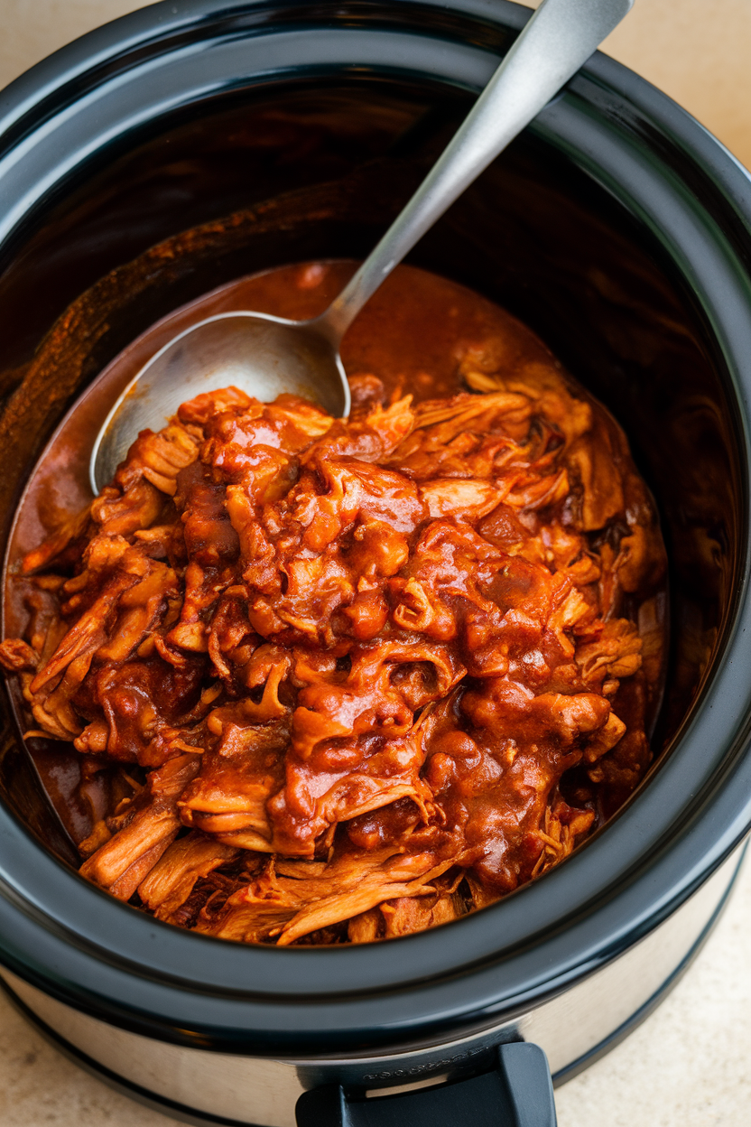 Indoor photo of saucy pulled jackfruit piled in a crockpot, with a serving spoon resting inside, no text or logos.
