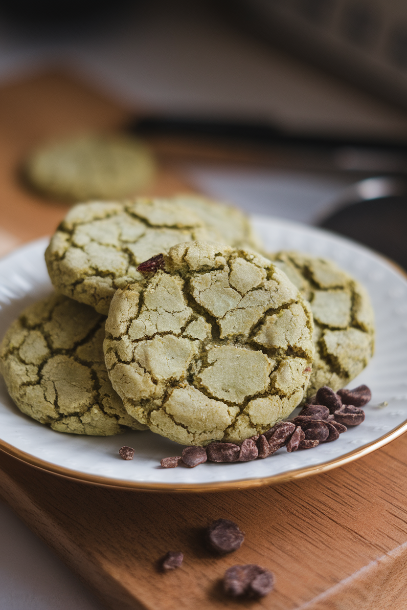 Photo prompt: Mint-scented cacao-nib cookies on a white plate under indoor lighting, no logos.