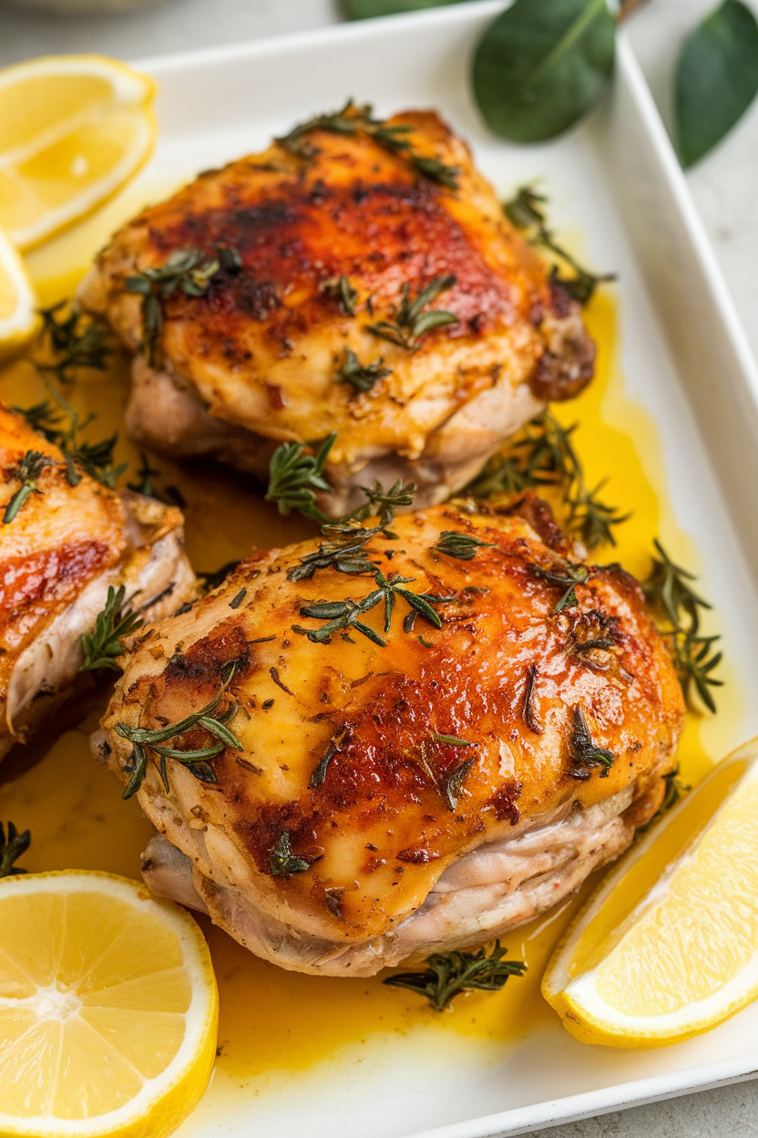 Indoor photo of cooked chicken thighs glazed with lemon and herbs on a white platter; no text or logos