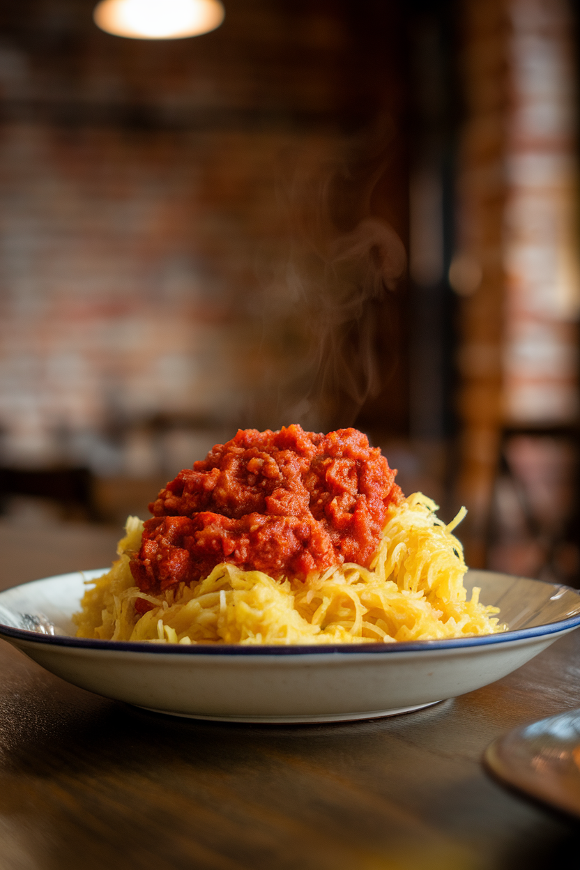 Indoor dining table featuring spaghetti squash strands topped with meaty tomato sauce in a shallow bowl, steam visible. No text or logos. Photo, not illustration.