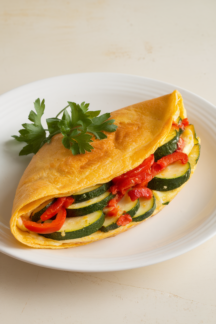 Indoor plate photo of a folded omelet filled with sautéed zucchini and red peppers, garnished with parsley, no text or logos.