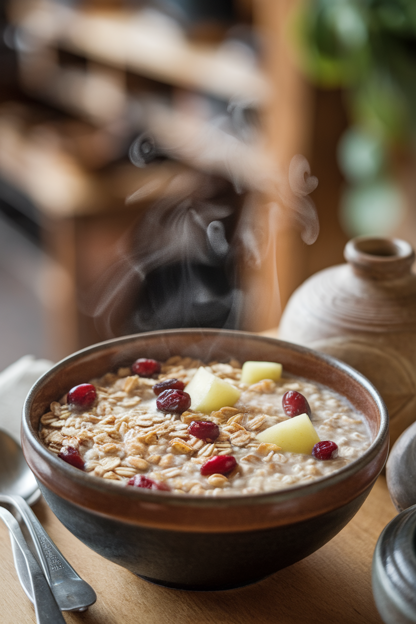 Indoor breakfast bowl of steel-cut oats dotted with cranberries and apple chunks, steam visible. No logos or text.