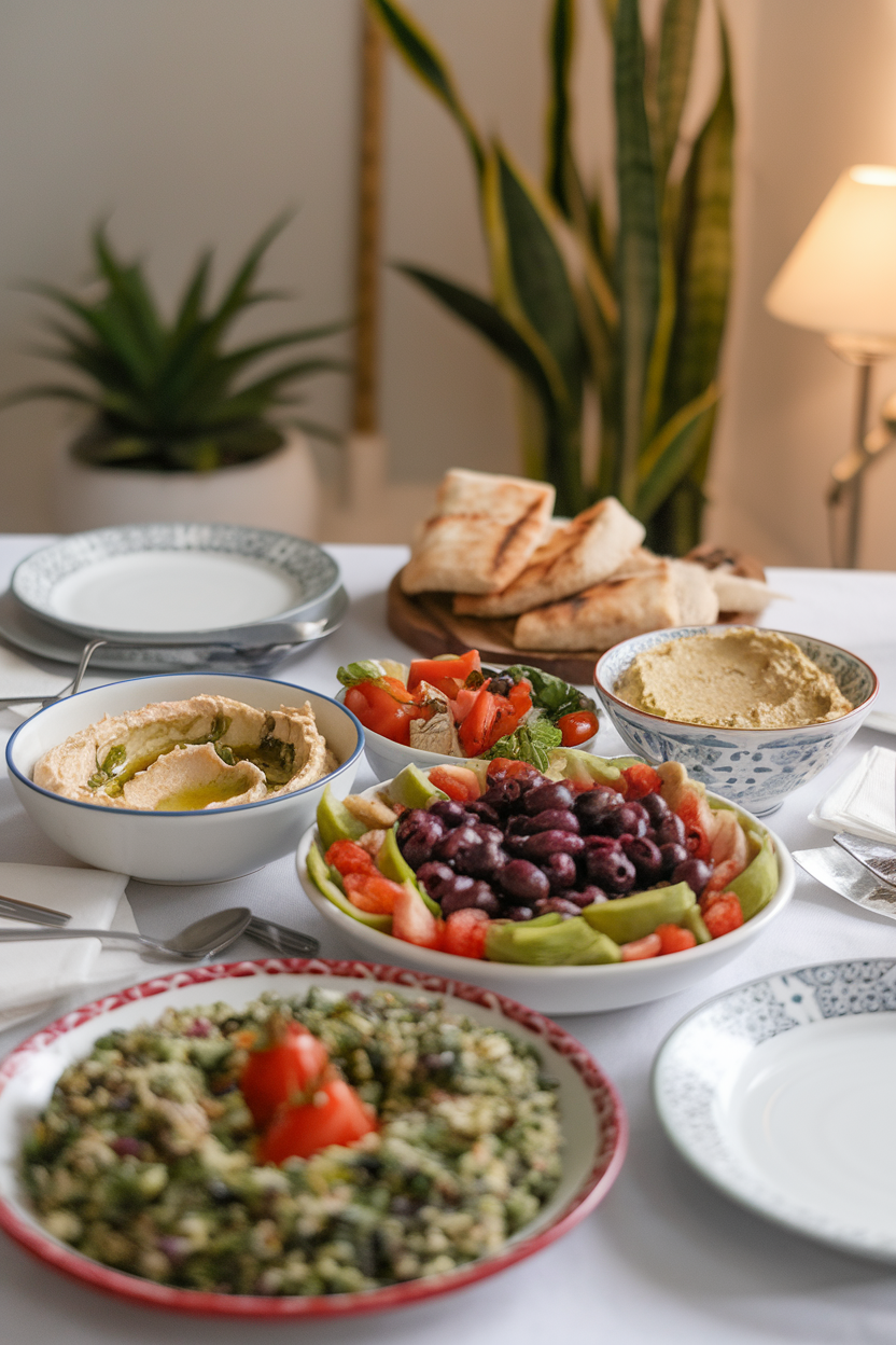 Indoor brunch table with a colorful Mediterranean mezze spread—hummus, olives, tabbouleh—no text or logos. Photo.