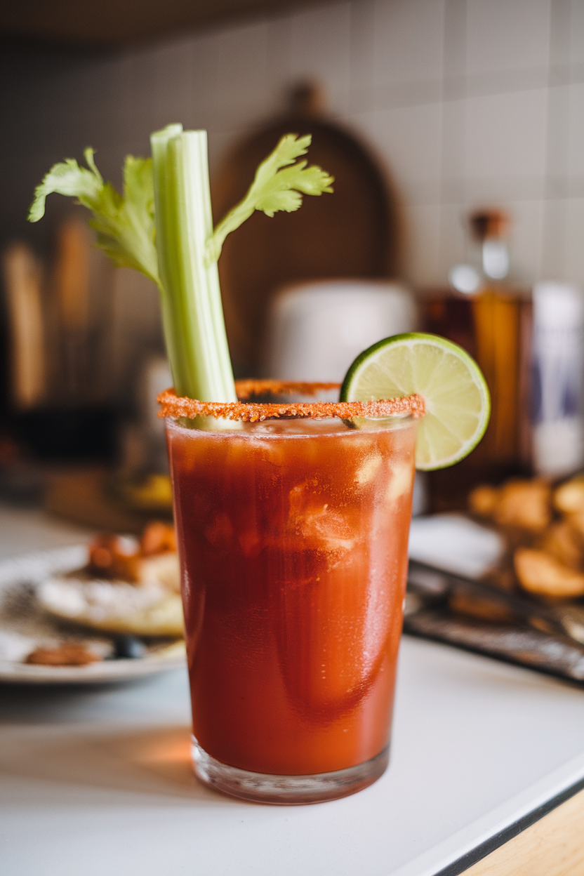 Indoor photo of pint glass with rich tomato mocktail, celery stalk and lime wedge, coarse salt rim; brunch kitchen setting; no text or logos.