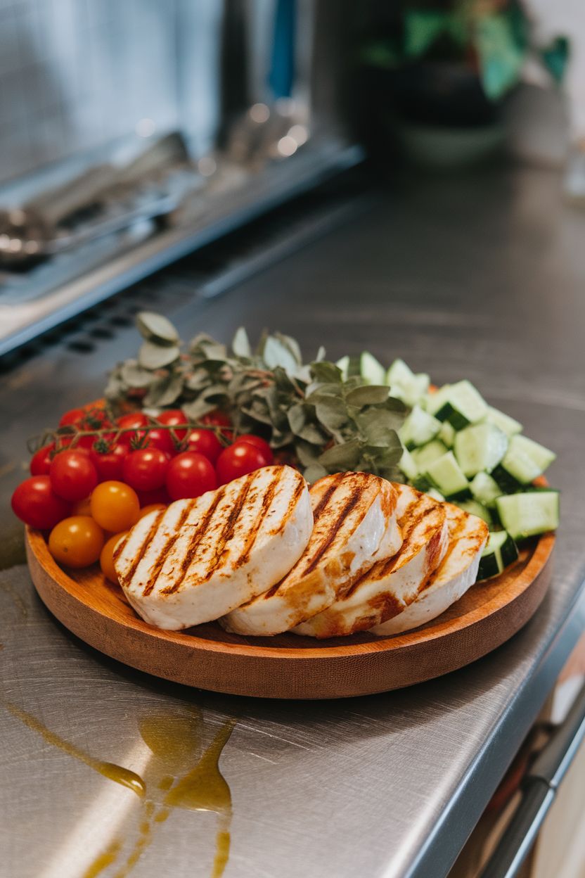 Photo of an indoor counter with seared halloumi slices nestled among cherry tomatoes, cucumber chunks, and oregano on a platter. No text or logos.