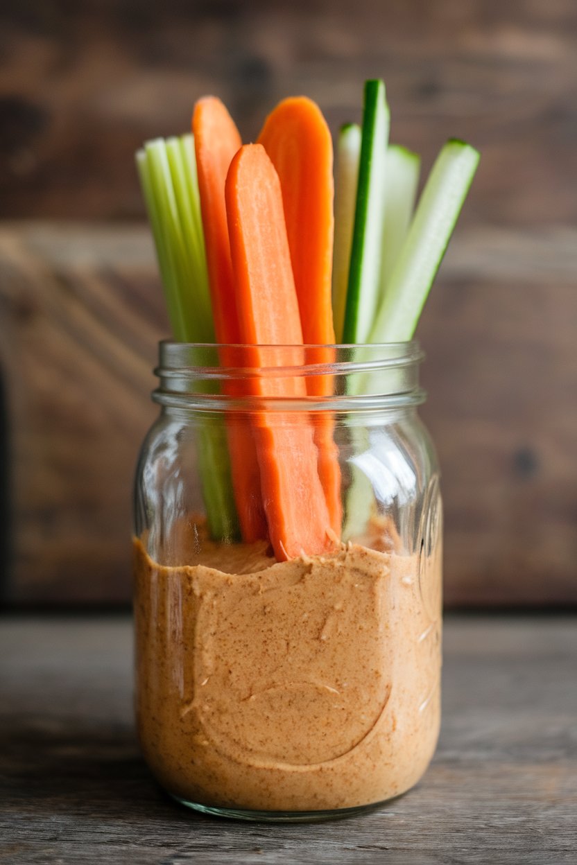 A clear indoor mason jar layered with hummus at the bottom and upright carrot, celery, and cucumber sticks on top. No logos or text.