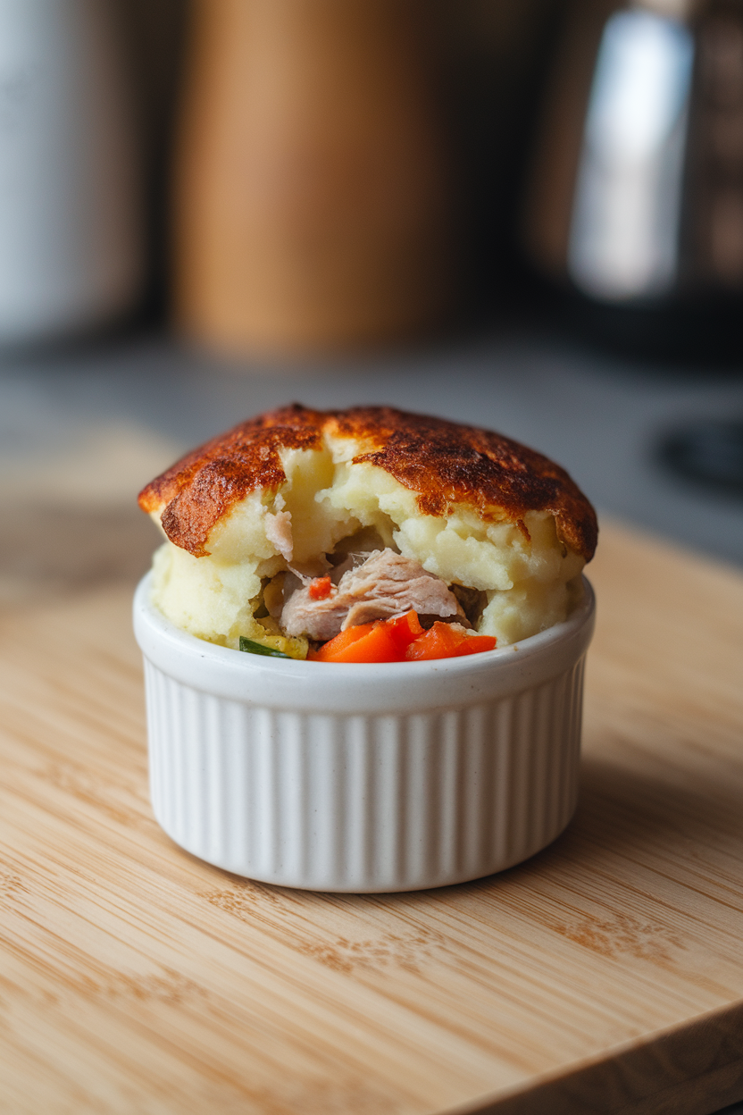 A small ceramic ramekin indoors with a browned mashed potato top cracked open to show turkey and vegetable filling underneath. No text or logos.