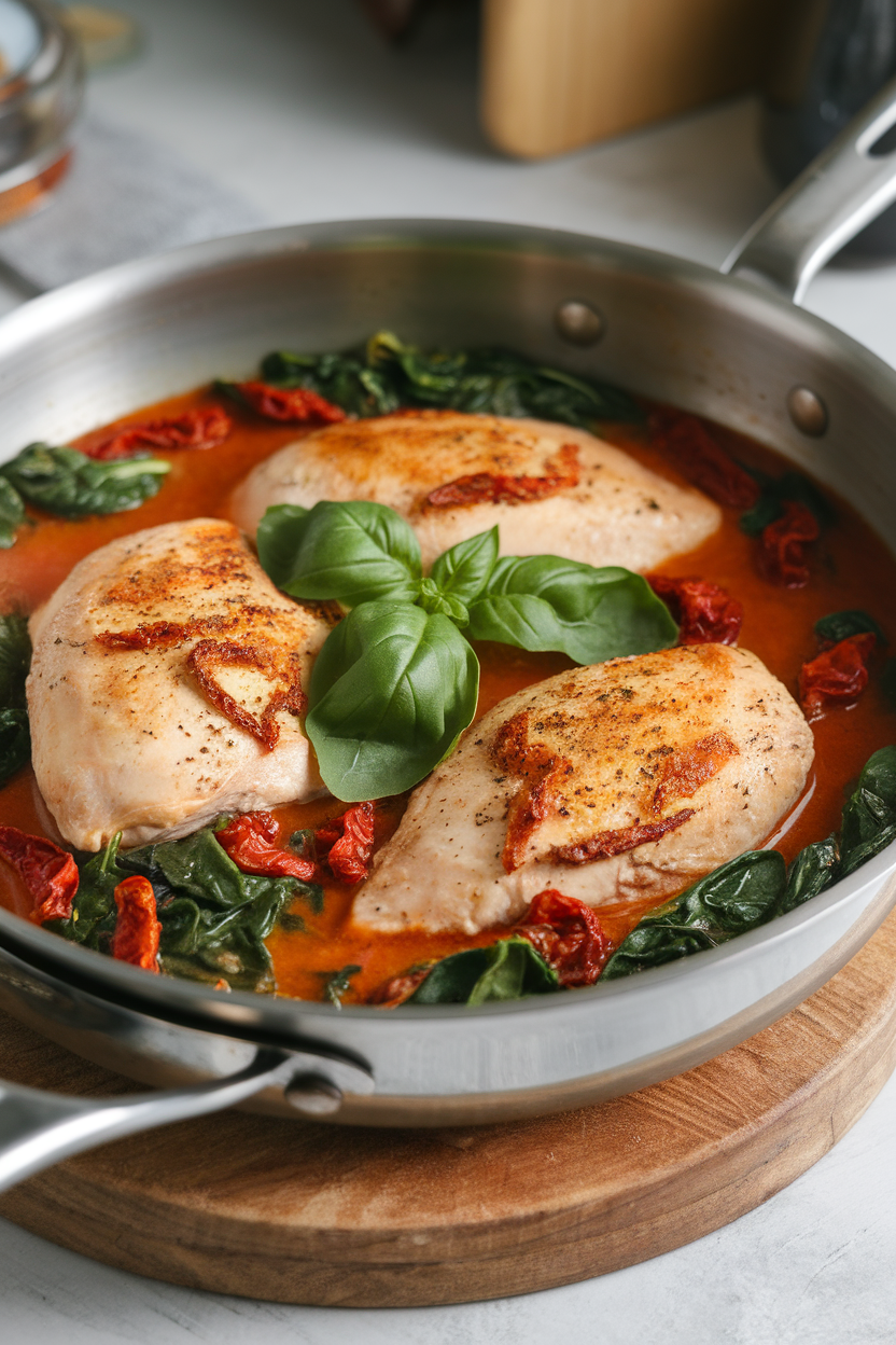 An indoor sauté pan filled with chicken breasts, wilted spinach, and sun-dried tomatoes in a light tomato broth. No logos or text. Photo only.