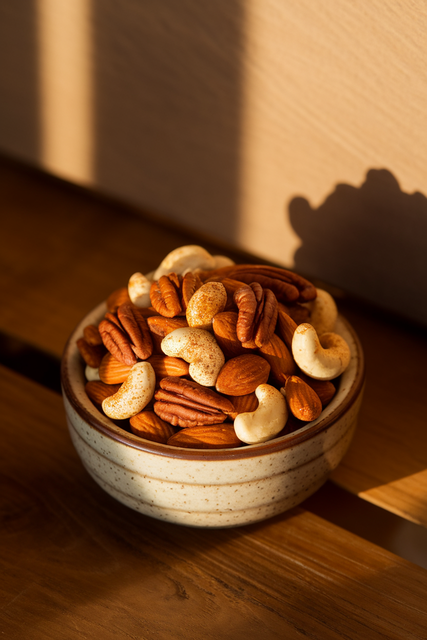 Indoor photo of a small bowl of mixed roasted nuts coated with pumpkin spice, no text or logos.