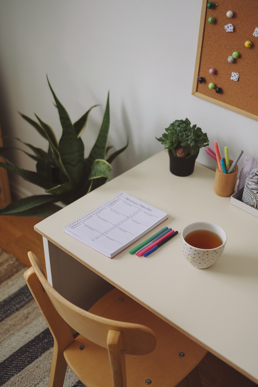 Photo prompt: An indoor desk scene with a weekly meal planner notebook, colored pens, and a cup of tea, tidy background, no text legible on the page.