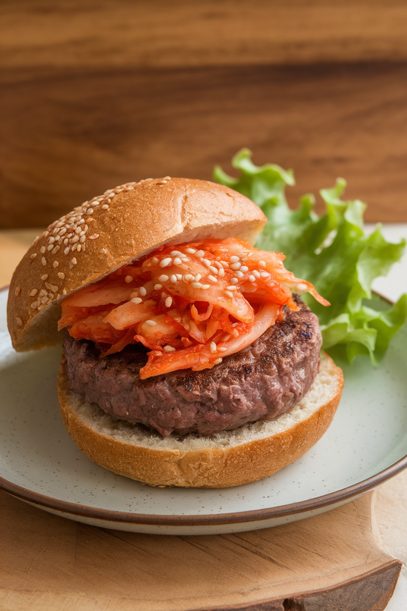 Photo of a cooked beef burger topped with vibrant kimchi and sesame seeds, served on a small whole-grain bun indoors; no text or logos; photo, not illustration