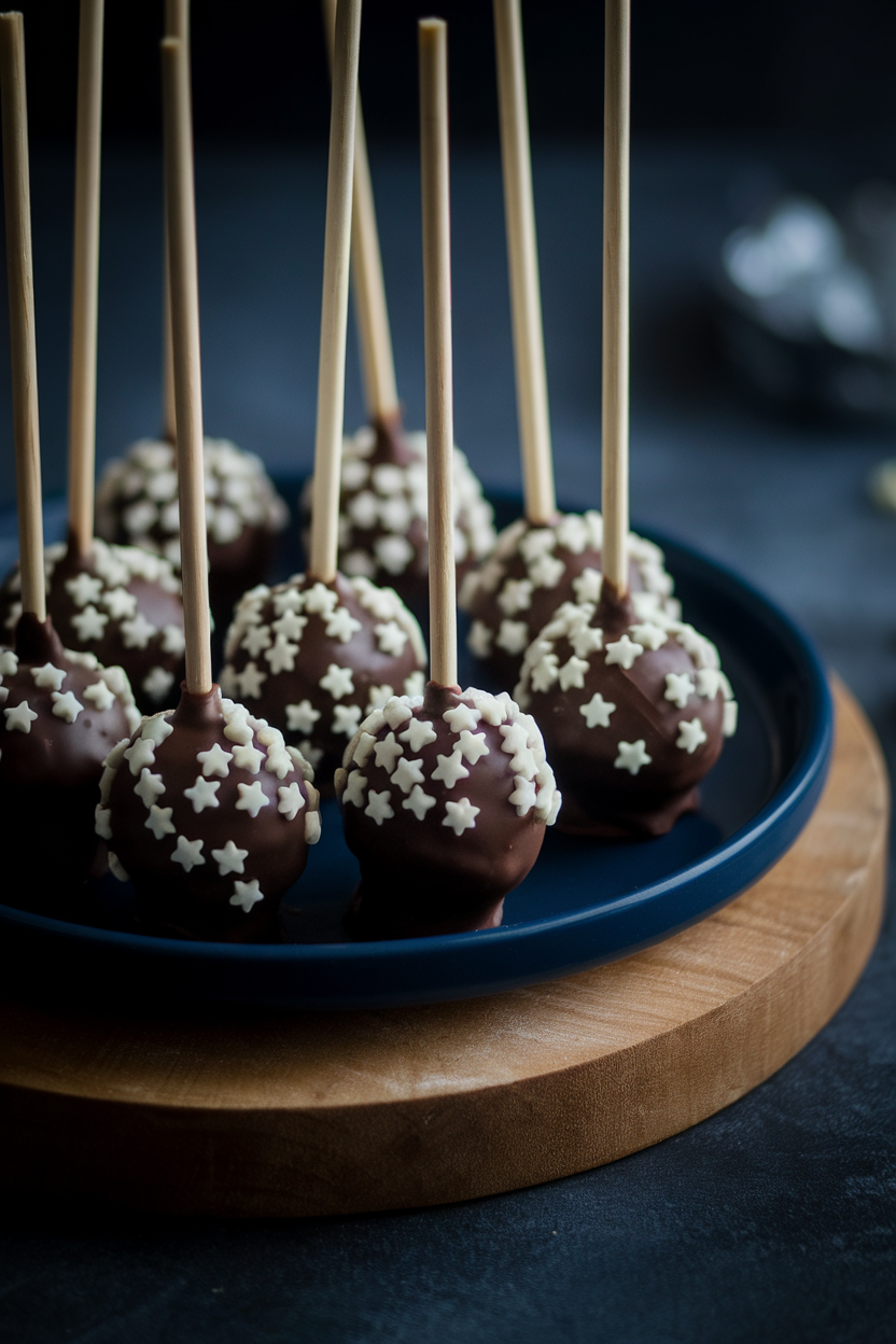 Photo, not illustration. Indoor moody lighting. Dark chocolate-hazelnut cake pops decorated with tiny white star sprinkles, arranged on a navy plate. No text or logos.