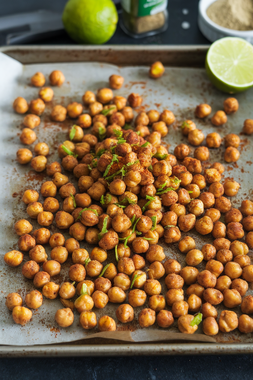 An indoor baking sheet covered with crispy roasted chickpeas dusted in chili powder and lime zest. No text or logos. Photo only.