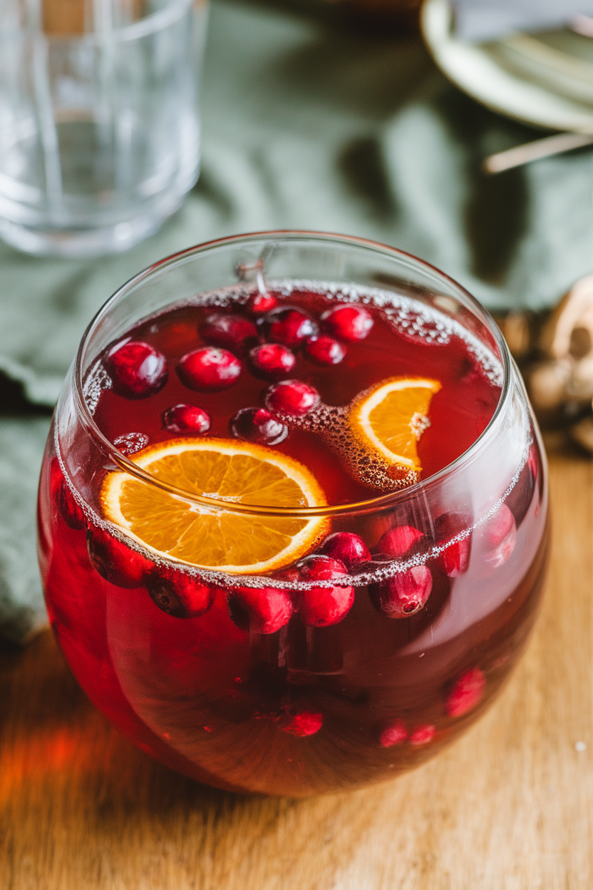 Indoor photo of a punch bowl with floating cranberries and orange wheels, bubbles visible, no text or logos