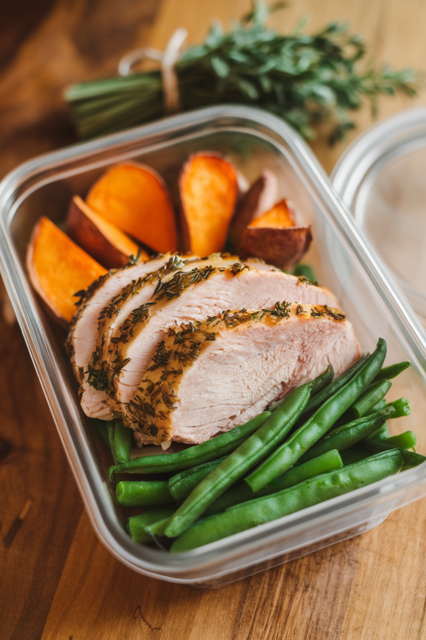 A meal-prep container indoors featuring sliced herb-roasted turkey breast, roasted sweet potato wedges, and green beans. Warm lighting, no text or logos present. Photo.
