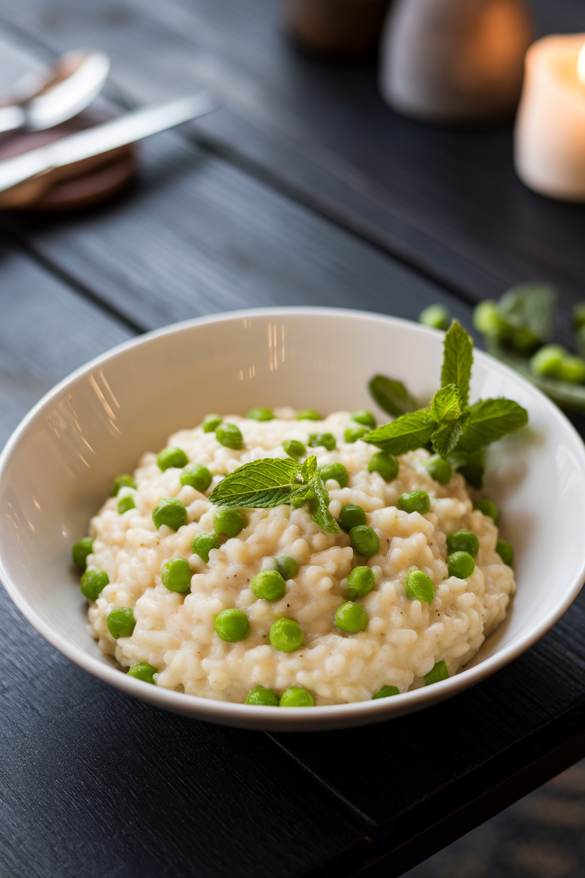 Indoor dinner table image of creamy risotto flecked with bright green peas and fresh mint leaves, served in a white bowl. No text or logos anywhere.