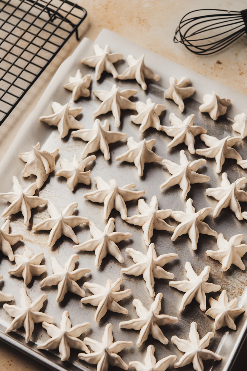 Delicate white meringue cookies piped as snowflakes on a baking sheet indoors, slight sheen catching the light. No text or logos.