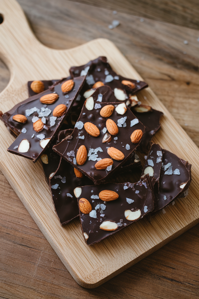 An indoor cutting board featuring shards of dark chocolate bark studded with whole almonds and flaky sea salt. No logos or text. Photo only.