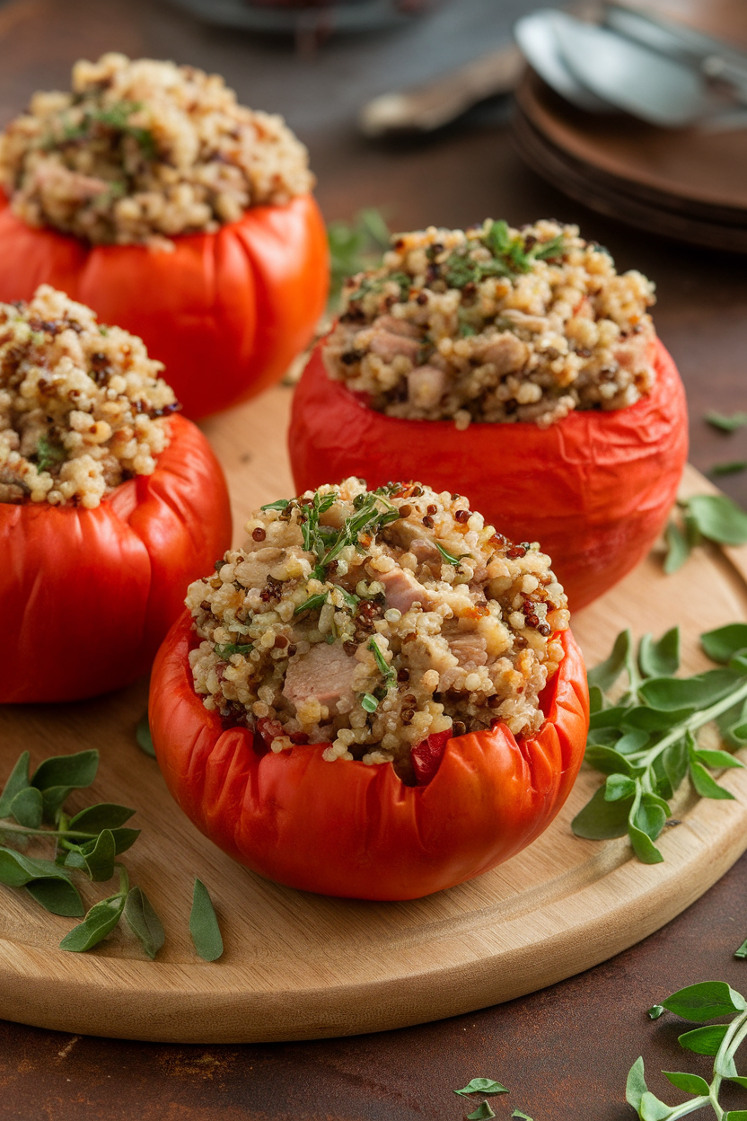 Indoor photo of large tomatoes stuffed with turkey, quinoa, and herbs, baked until tops are slightly browned, no text or logos.