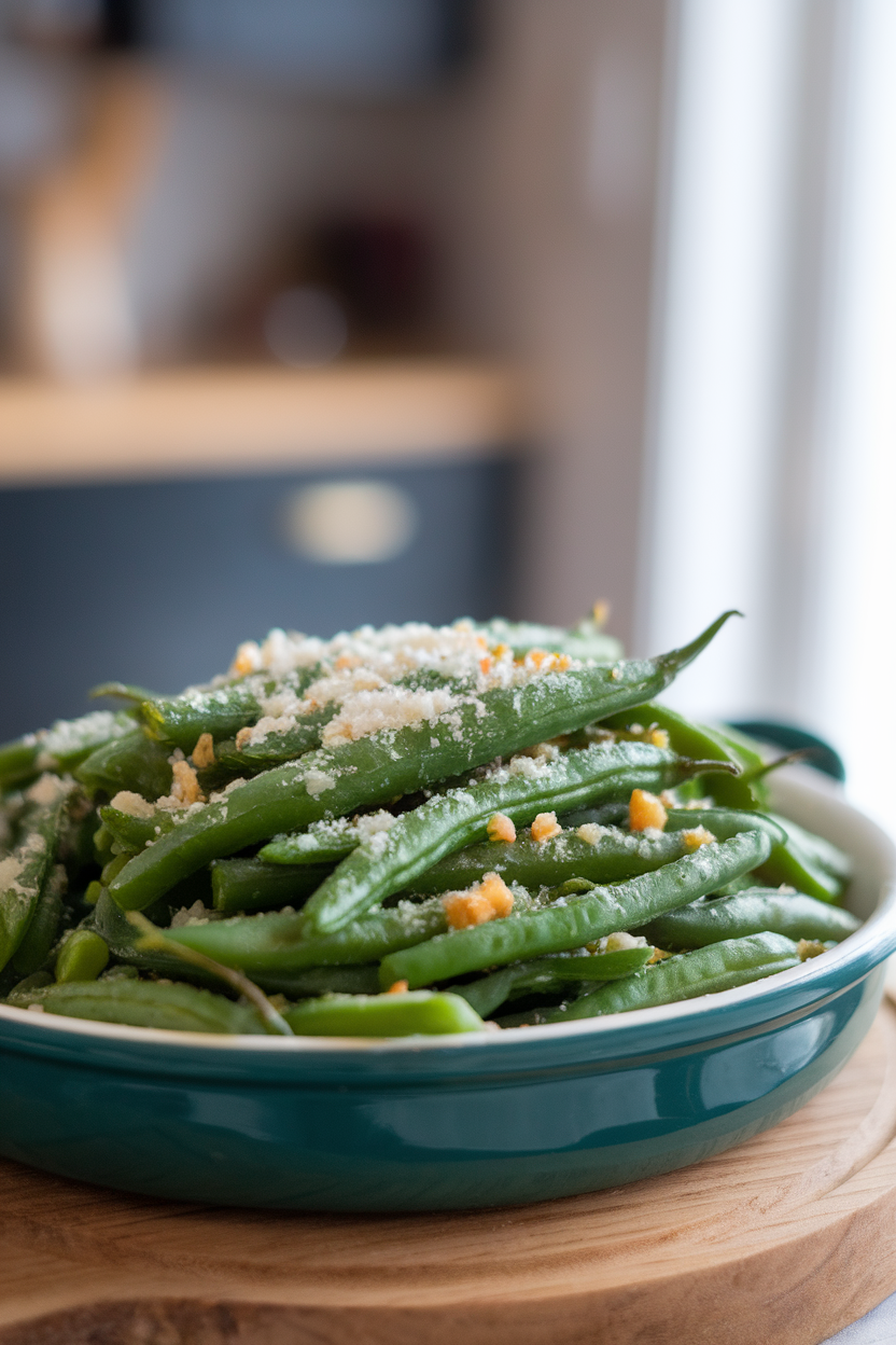 Indoor serving dish holding sautéed green beans sprinkled with grated Parmesan and minced garlic bits. No text or logos.